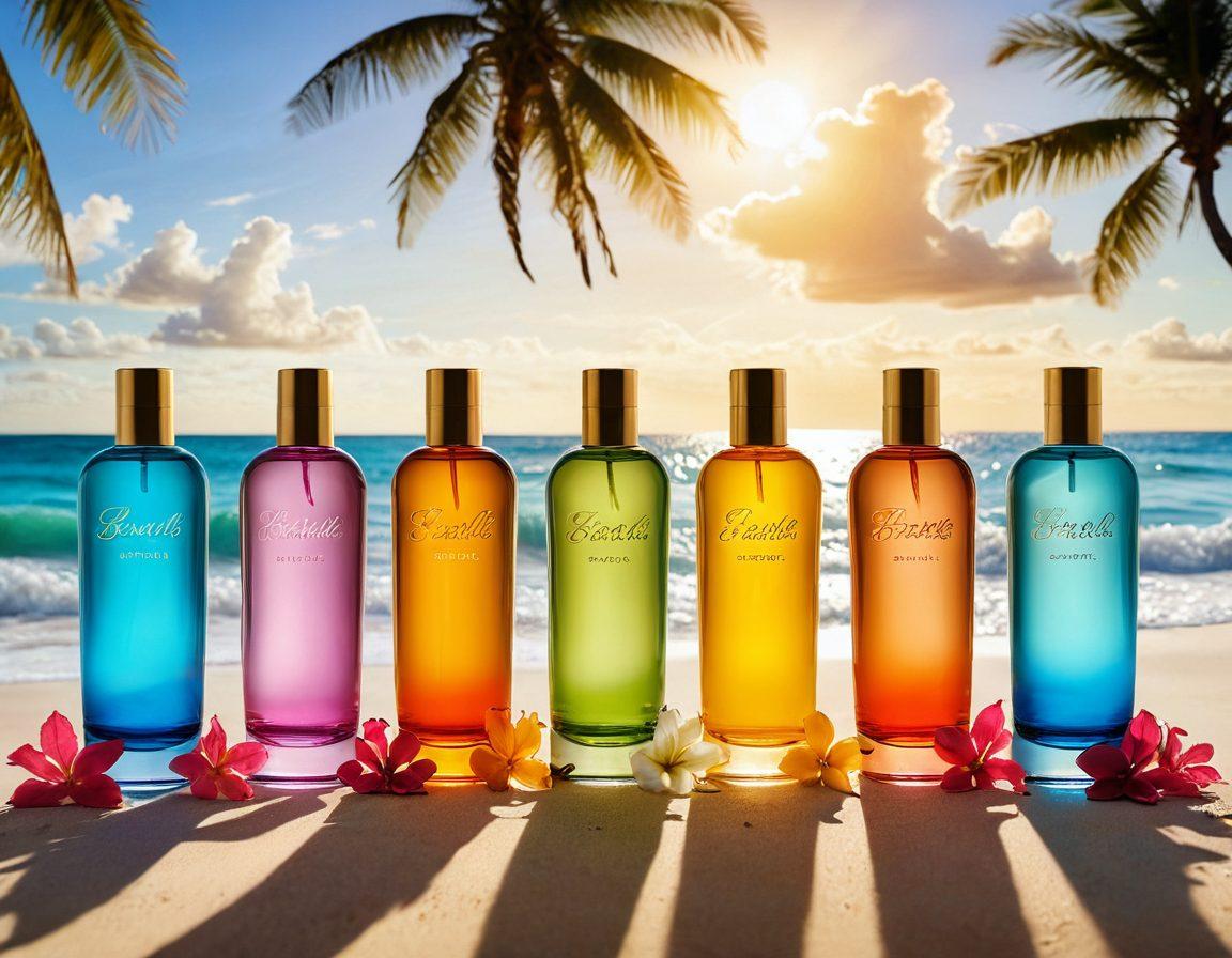 A vibrant beach scene with a diverse group of fashionable women showcasing trendy bikinis in vivid colors. Surround them with sun-kissed sand, rolling waves, and tropical flowers. In the foreground, display an array of enticing beach scents in elegantly designed bottles. Add a bright blue sky and sun setting in the background to evoke a warm summer feel. super-realistic. vibrant colors. tropical style.