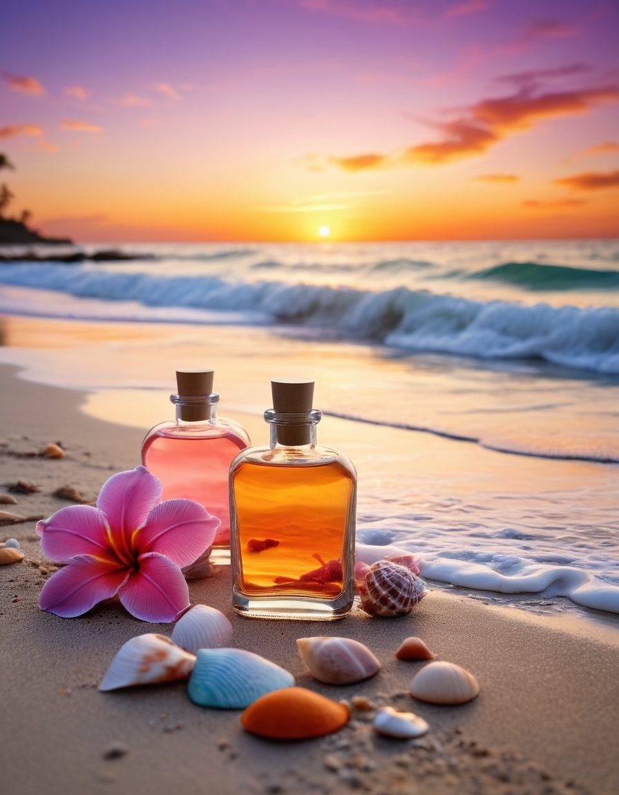A serene beach scene during sunset, with soft waves lapping at the shore. Display colorful fragrance bottles surrounded by tropical flowers and seashells, exuding a sense of freshness and summer bliss. Include a gentle breeze effect, capturing the essence of summer and relaxation. The sky should be a vibrant blend of oranges, pinks, and purples. super-realistic. vibrant colors.